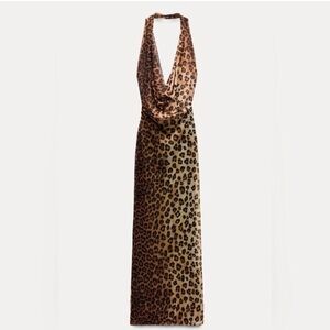 Zara Leopard Print Halter Cowl Neck Maxi Dress - Brown